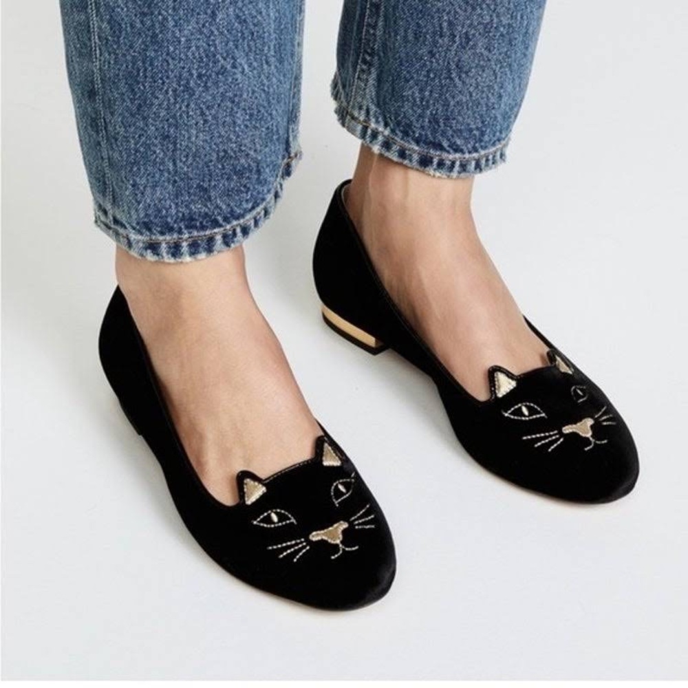 Charlotte Olympia Kitty Cat flats in black velvet